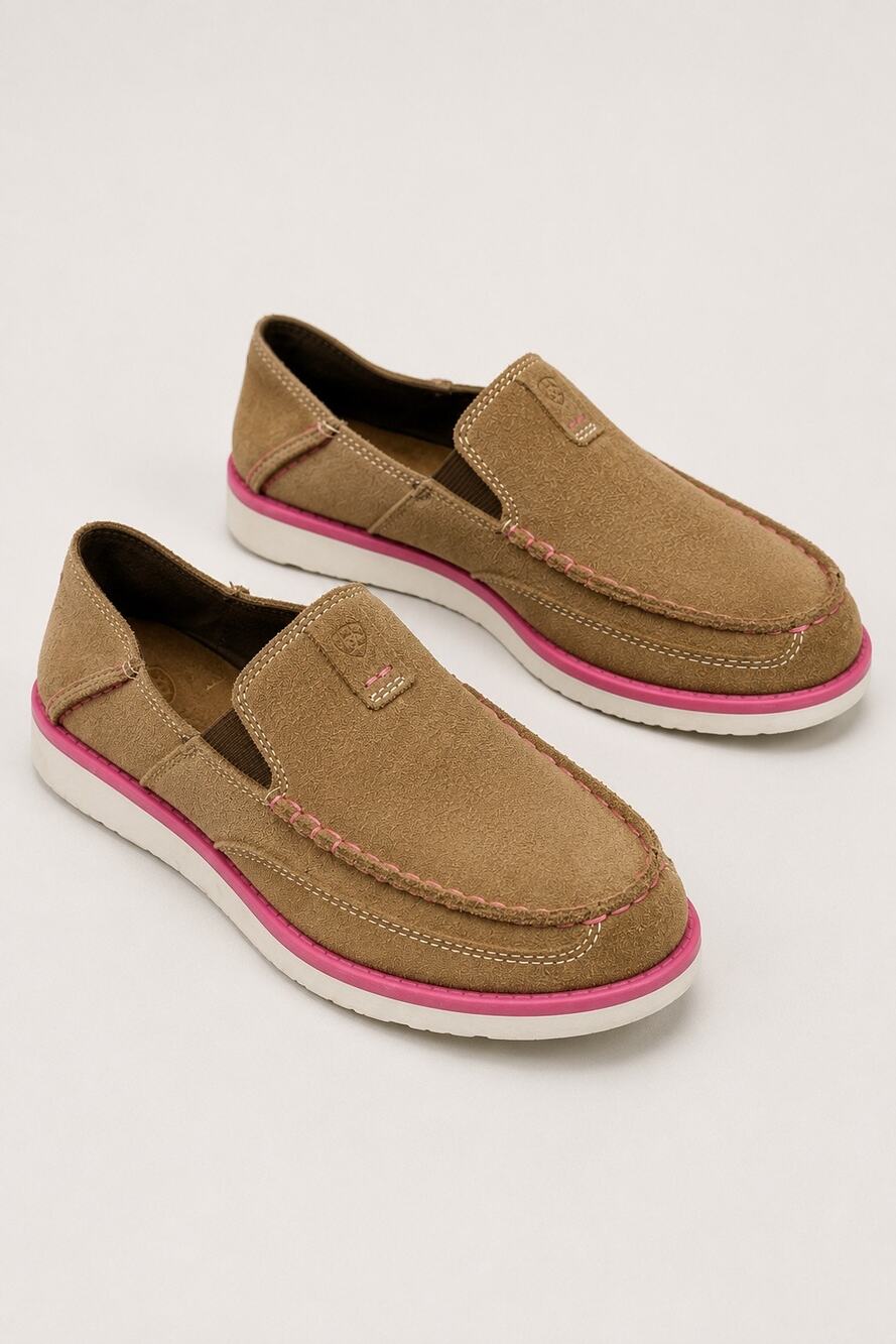 Ariat Cruiser Slip-On Shoes US 5.5 Tan Suede Pink Accent Leather Casual Loafers